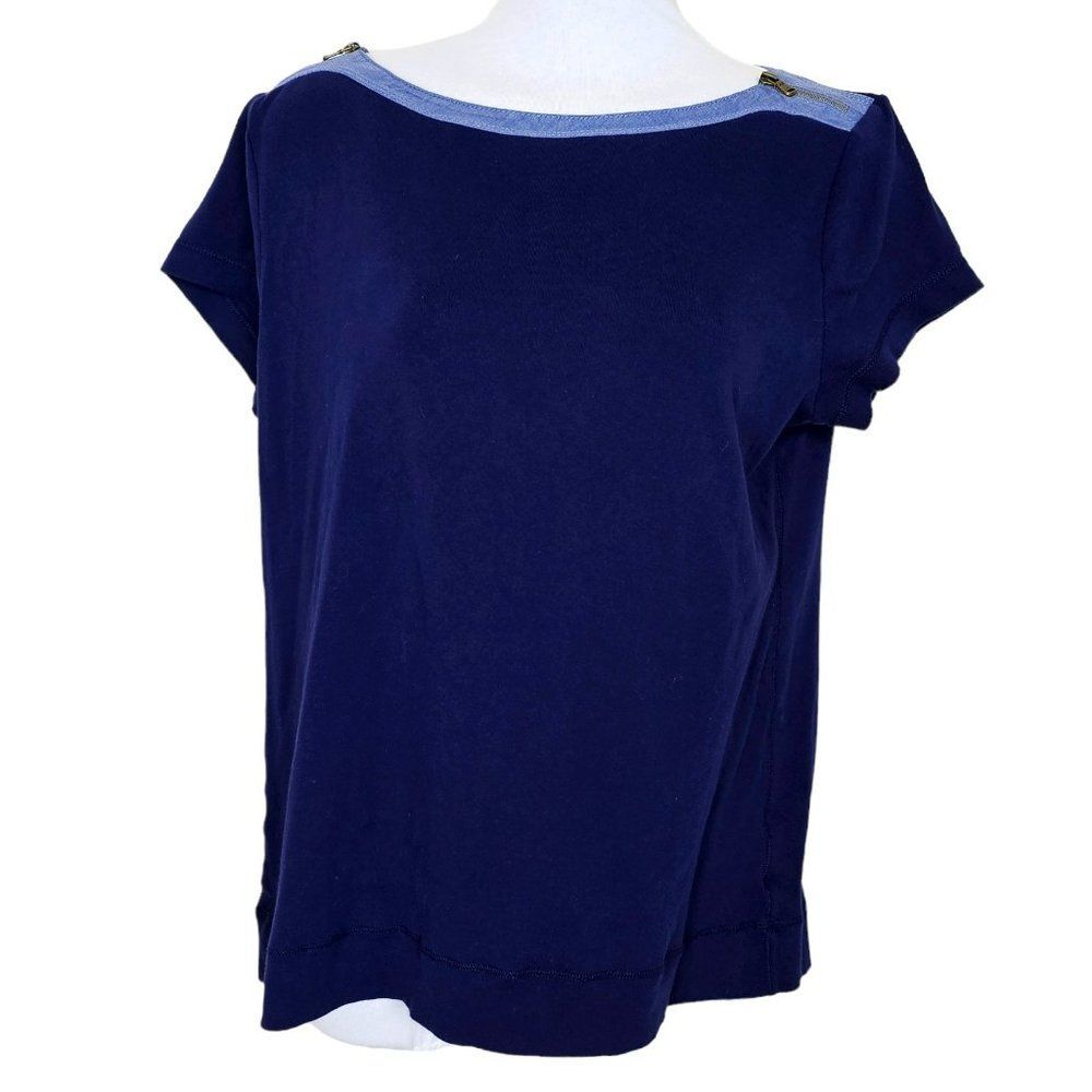 Lauren Ralph Lauren Boatneck Top Women's XL Navy Zipper Stretch Knit Nautical